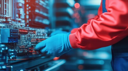 A technician in blue gloves works on a circuit board inside a high-tech facility, focusing on electronic components and hardware.
