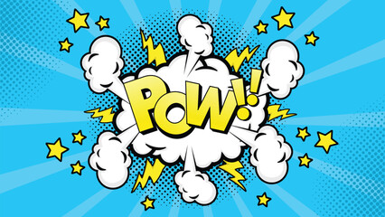 Naklejka premium Comic speech bubble with text pow!, colorful halftone vintage pop art background design