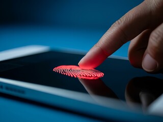 anti tracking anonymity concept. A close-up of a finger touching a glowing red fingerprint scanner, symbolizing biometric security and technology. Privacy touch smart recognition digital print scan