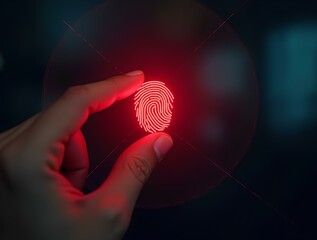 anti tracking anonymity concept. A close-up of a finger touching a glowing red fingerprint scanner, symbolizing biometric security and technology. Privacy touch smart scan recognition AI digital print