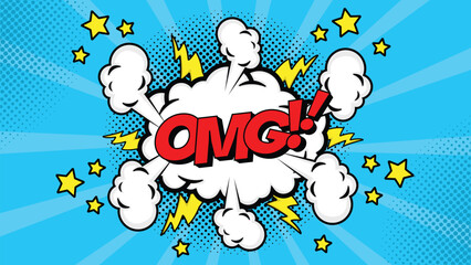 speech bubble with text omg!, colorful halftone vintage pop art background design