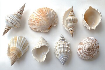 Obraz premium Collection of various seashells arranged on a white background showing diverse shapes, textures, and natural beige and white tones