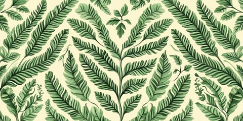 Seamless pattern of various green tropical fern leaves on a light beige background creating a natural botanical design