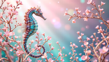 Obraz premium Beautiful seahorse gracefully swims among delicate pink cherry blossom branches, creating serene and enchanting underwater scene filled with soft colors and gentle light