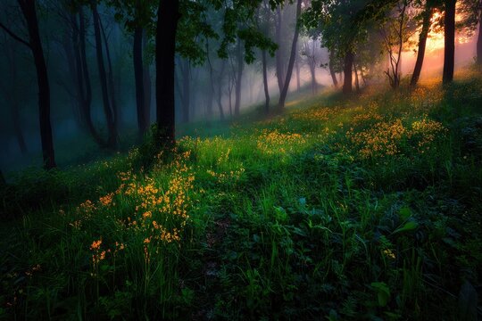 Misty forest path at sunrise, wildflowers