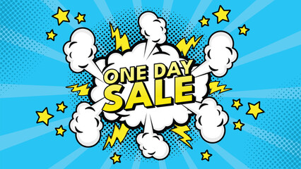 Comic speech bubble with text one day sale!, colorful halftone vintage pop art background design