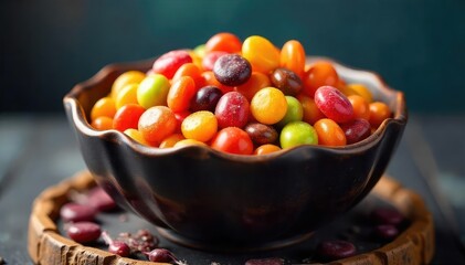 A colorful assortment of Halloween candies in a spooky bowl , fun, halloween candy