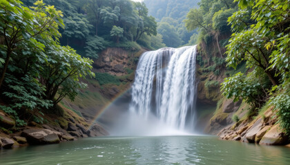 Fototapeta premium Stunning waterfall cascades down rocky cliffs, surrounded by lush greenery and trees. tranquil water creates serene atmosphere, with gentle mist rising and rainbow forming in spray