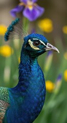 Elegant peacock head portrait with colorful background