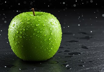 Vibrant green apple covered in fresh water droplets, resting on a dark, wet slate surface with a subtle bokeh effect in the background, highlighting its crisp texture and healthy appeal.