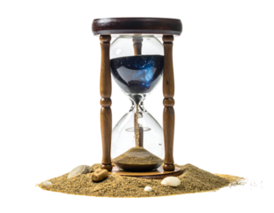Antique Hourglass With Cosmic Sand On Beige Sand