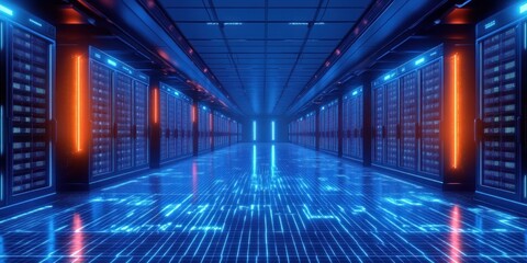 Futuristic data center hallway with rows of illuminated server racks and glowing blue and orange LED lights reflecting on polished floor