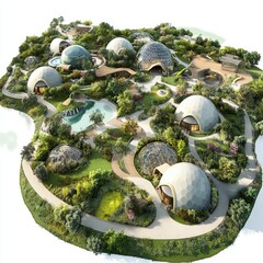 Sustainable dome-shaped eco-park with lush gardens and pathways