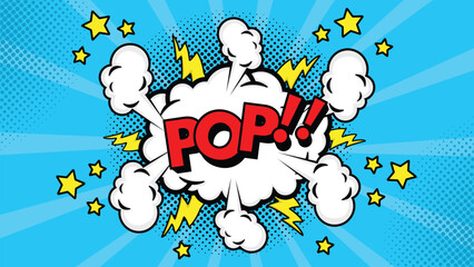 Fototapeta premium Comic speech bubble with text Pop!, colorful halftone vintage pop art background design