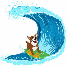 Cute Dog Surfing On Beach Cartoon Vector Icon Illustration. Animal Holiday Icon Concept Isolated on white Vector. Flat Cartoon Style