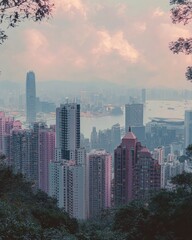 Fototapeta premium Foggy urban skyline view of a densely packed city with tall skyscrapers by the waterfront surrounded by hills and trees under a pink and cloudy sky