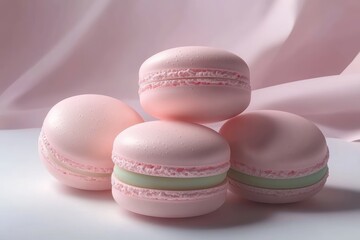 Obraz premium Close-up of four pastel pink macarons with light green filling on a smooth surface with a soft pink background, evoking a delicate and elegant mood
