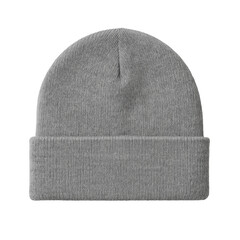 Single knitted wool-like beanie with folded brim and rounded top on transparent background