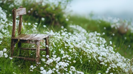 Naklejka premium Rustic wooden chair nestled amongst a field of wildflowers.