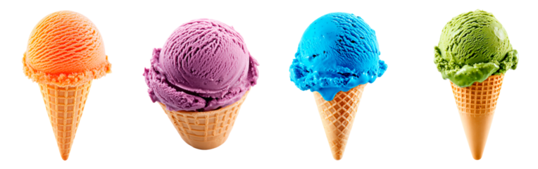 Colorful ice cream cones in vibrant flavors isolated on transparent background