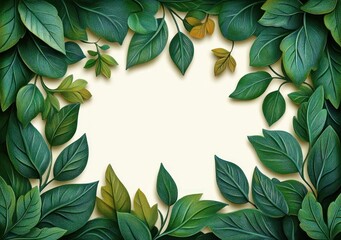 Obraz premium Natural green and yellow leaves frame arranged with a clean beige center creating a fresh botanical border design