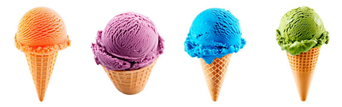 Colorful ice cream cones in vibrant flavors isolated on transparent background