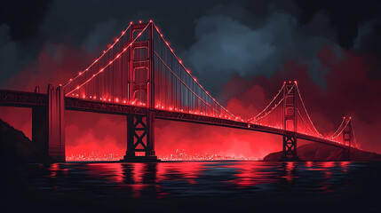 Fototapeta premium A dramatic nighttime view of a suspension bridge, illuminated in vibrant red, spanning a dark body of water with a cityscape glowing on the horizon