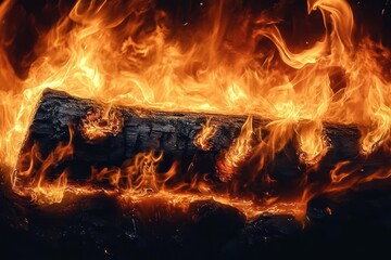 Fototapeta premium Bright orange flames engulfing a large blackened log burning intensely in a fire