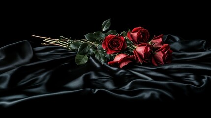 Bouquet of Red Roses on Black Satin Fabric.  remembrance day, all souls’ day, day of the dead, memorial day, international bereaved mother’s day, national grief awareness day, world funeral day, rosa 