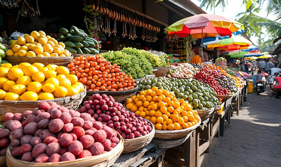 Vibrant outdoor market overflowing with colorful fruits in wicker baskets under a sunny sky.  Customers browse the diverse selection