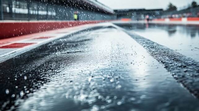 Raindrops falling on a race track creating a mesmerizing reflection of the environment.