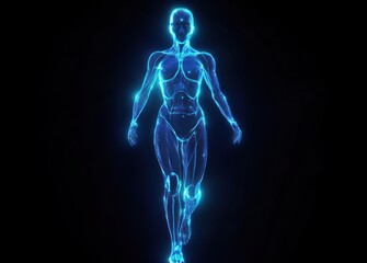 Glowing blue digital human figure walking forward with visible skeletal and muscular elements on black background, futuristic and dynamic