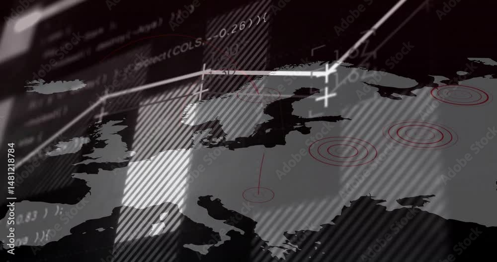 Poster stylized map of europe showing red target markers and data overlays in digital dashboard style