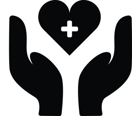simple two hand holding heart illustration with cross symbol, healthcare or medical black and white icon design