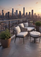 Chic balcony overlooking city skyline, plush furniture ,  sunlit,  real estate