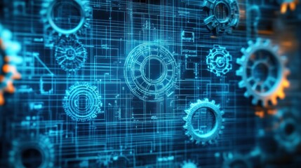 Obraz premium Digital engineering blueprint with interconnected gears and mechanical components glowing in blue and orange tones symbolizing technology and innovation