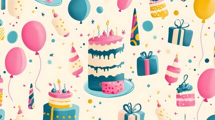 Happy birthday celebration pattern with treats and gifts.