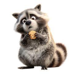 Fototapeta premium Cartoon raccoon with a concerned expression, holding a chocolate chip cookie in its paws.