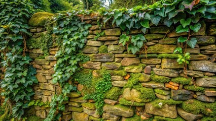 Fototapeta premium Ancient stone wall with ivy and moss, landscape, rustic