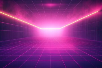 Futuristic glowing corridor with purple and pink grid floor and walls fading into bright neon light and mist