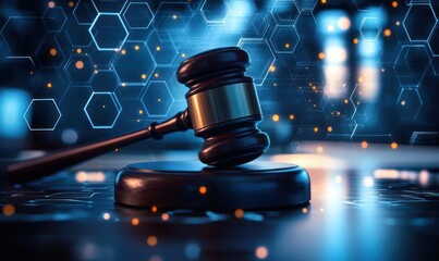 Close-up of a wooden judge gavel resting on a sound block with futuristic hexagonal digital patterns and glowing dots in the background suggesting law and technology connection