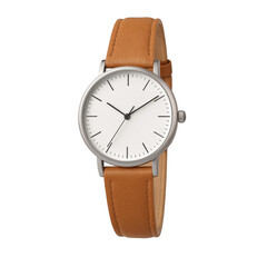 Minimalist wristwatch with tan leather strap and white face on transparent background