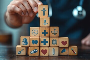 Hand stacking wooden blocks arranged in a pyramid with various blue and red medical and healthcare related icons depicting health symbols and tools