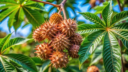 Mature Castor fruit tree with brown wrinkled skin and white flesh, plant, green leaves