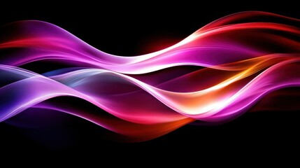 Flowing colorful abstract waves in vibrant pink, purple, orange, and red hues glowing against a black background, creating a dynamic and fluid visual effect