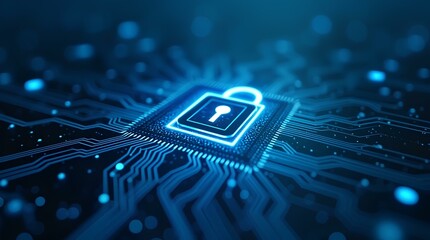 Cyber security and protection of private information and data concept. Locks on blue integrated circuit. Firewall from hacker attack. Privacy secure for digital safety encryption of web system access
