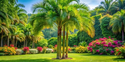 Tall bamboo palm tree standing alone in a lush green garden surrounded by vibrant flowers and foliage, nature, tropical plants