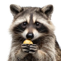 Obraz premium Raccoon portrait: Striking animal close-up on black background, clutching a small fruit with both paws.