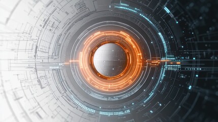Futuristic digital interface featuring a central glowing sphere surrounded by concentric circular data patterns and technological elements in white, orange, and blue hues