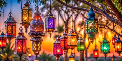 Naklejka premium Colorful lanterns in various shapes and sizes hang from trees or buildings during Eid al Adha celebrations, creating a vibrant atmosphere at sunset , muslim holidays, eid mubarak decorations